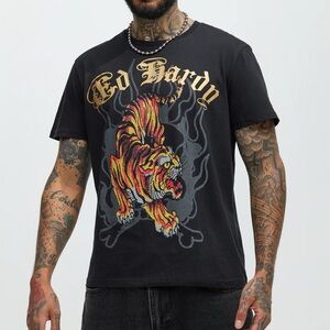 Ed Hardy Black Tee with Gold Script and Multicolor Tiger Graphic
